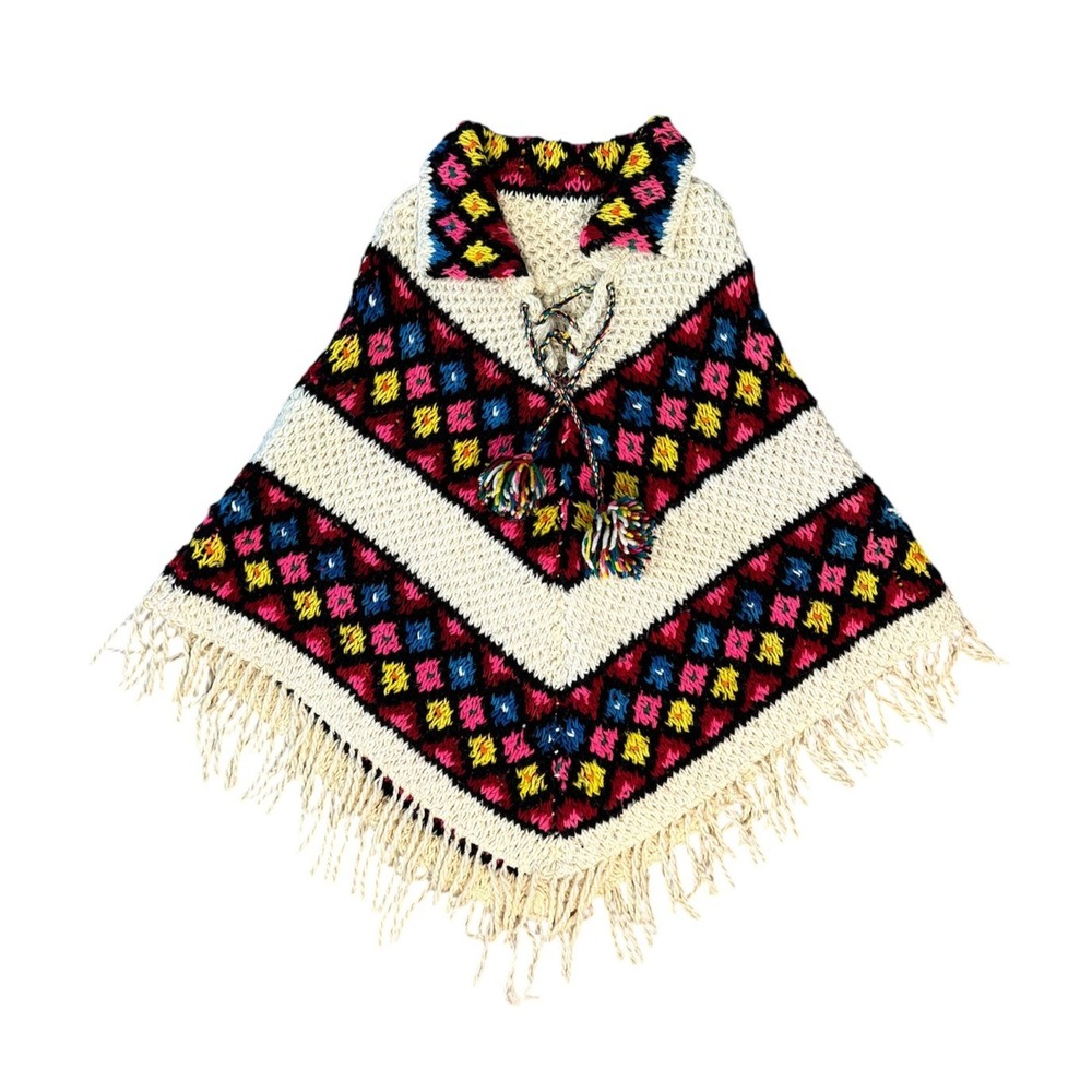 Vintage 1970s Handmade Crocheted Poncho Sweater Cape w/ Fringe Boho Hippie OSFM